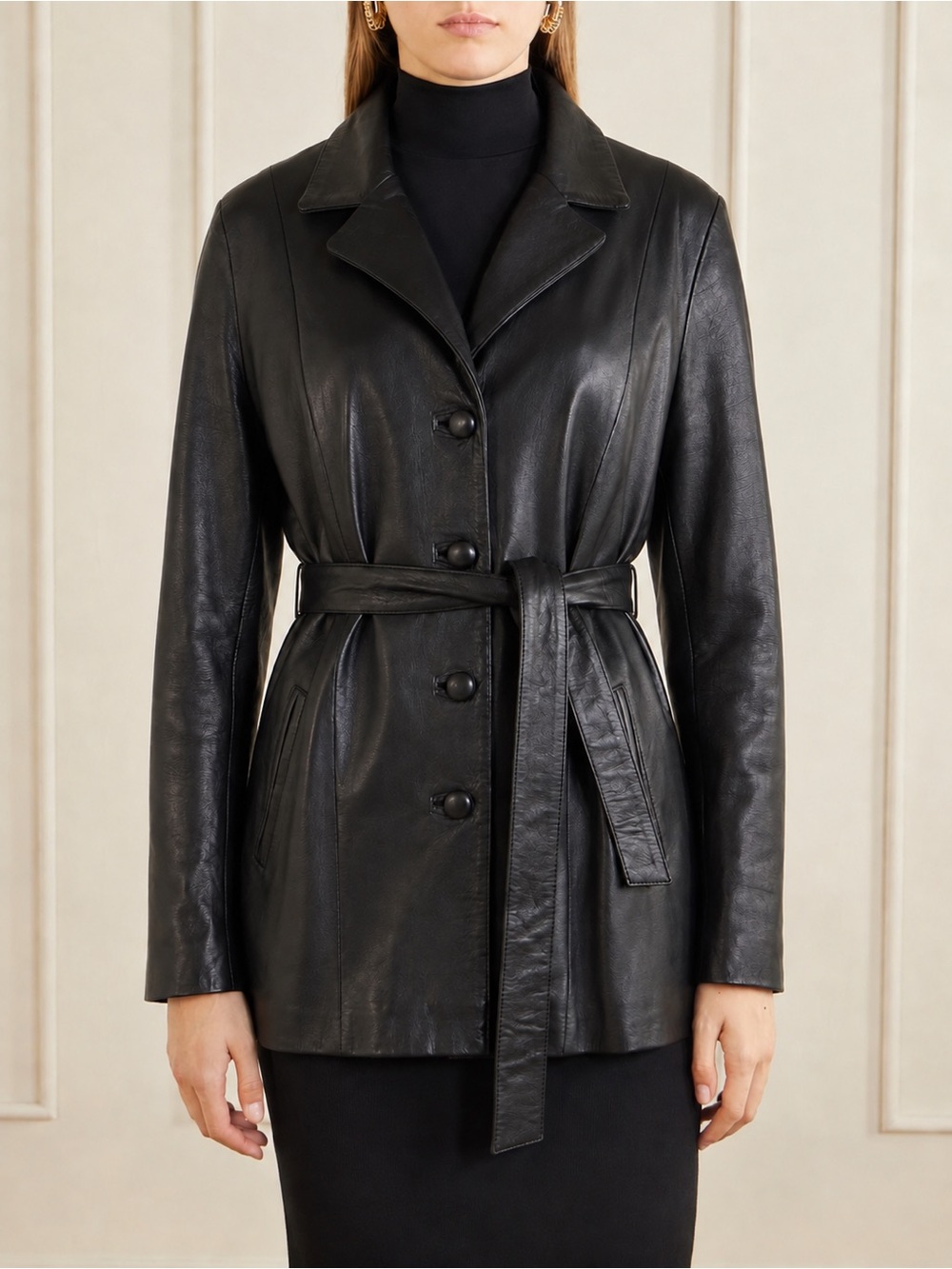Vintage Cinzia Picci Italy Black Glove Leather Belted Jacket IT 48 US 12 XL